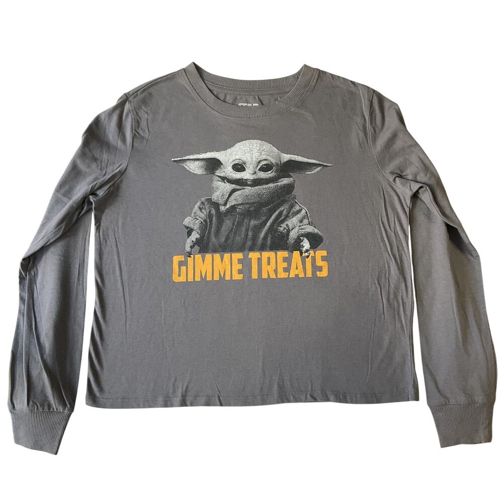 Star Wars Kids T-shirt Size M Gray Grogu Gimme Treats Logo Long Sleeve Stretch